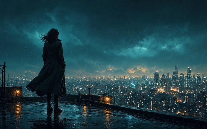 Midjourney 海报设计封面：雨夜天台电影海报主视觉成片，上方留有标题空间