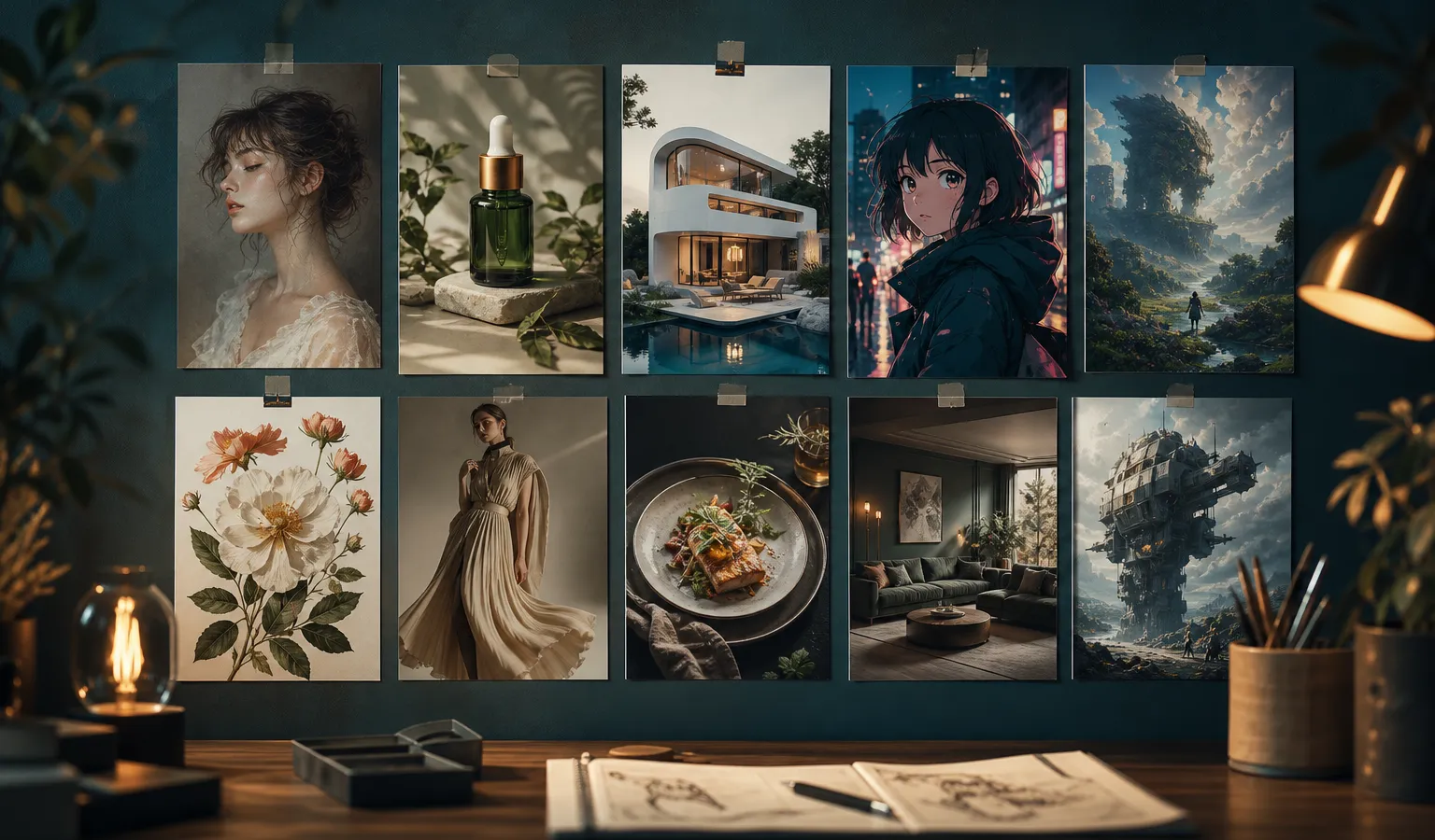 Midjourney 提示词案例库封面：多场景 AI 绘画拼贴墙