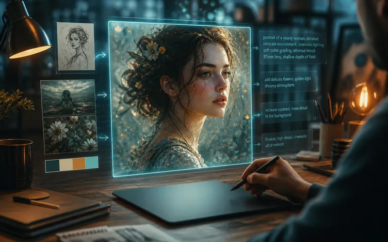 Midjourney AI 绘画工作流封面：创作台与生成中的人像画面