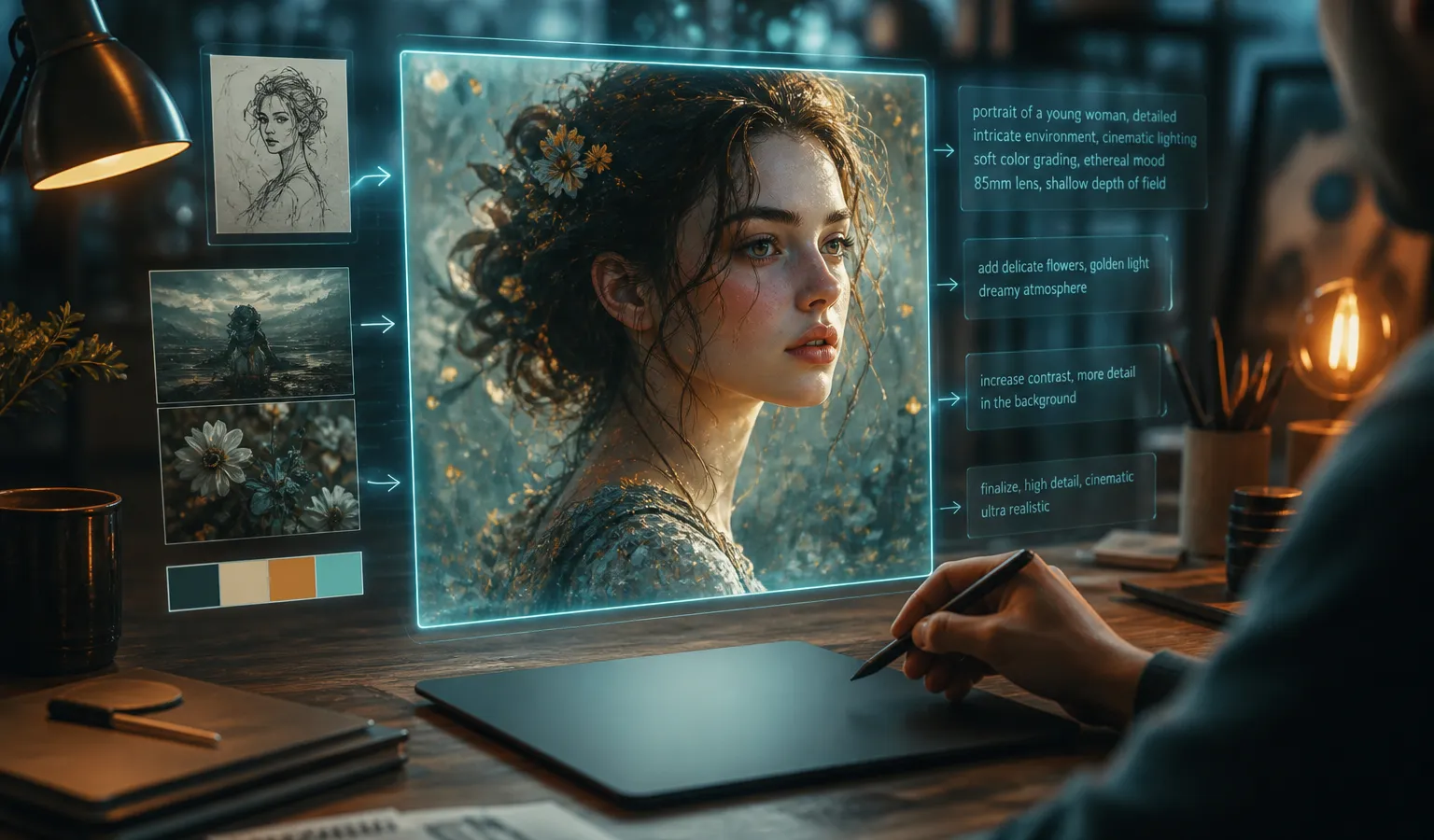 Midjourney AI 绘画工作流封面：创作台与生成中的人像画面